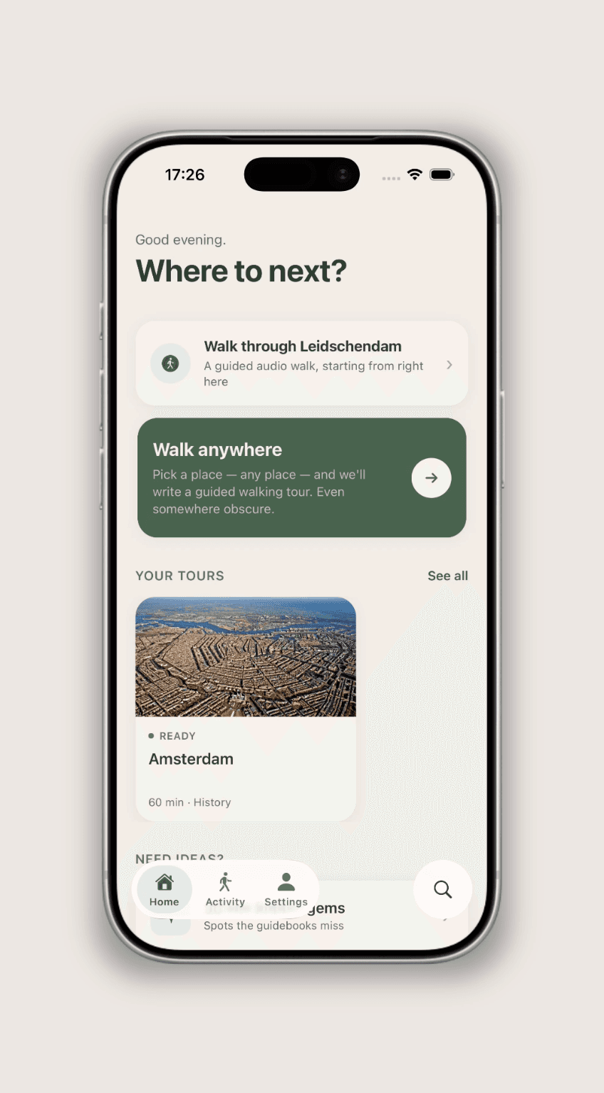 PodWalk home screen — a ready Amsterdam tour and an option to walk anywhere